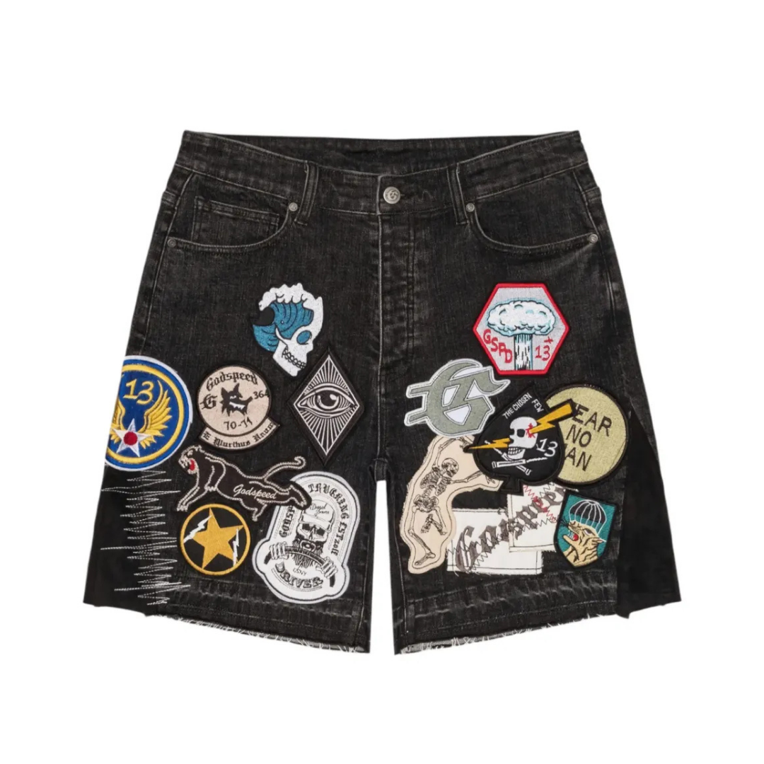 GODSPEED patchwork denim shorts